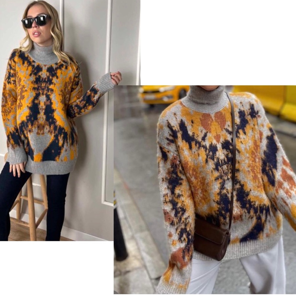 Zara gray mustard yellow abstract printed oversized turtleneck sweater Sz L NWOT